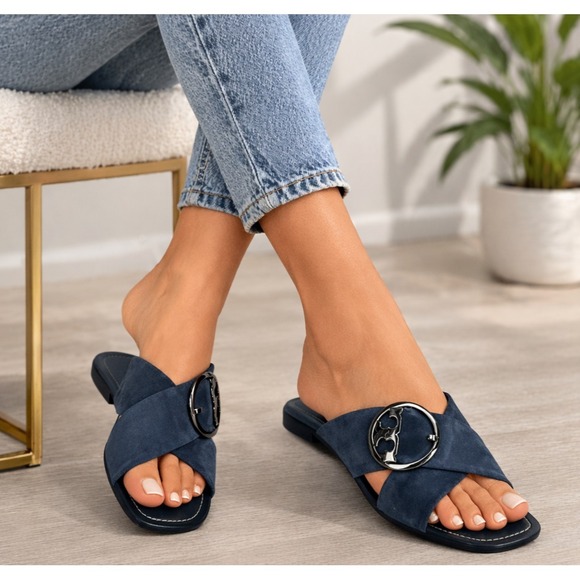 Tory Burch Shoes - Tory Burch Grant Suede Sandal Open Toe Criss Cross Slides Midnight Blue 7.5 M